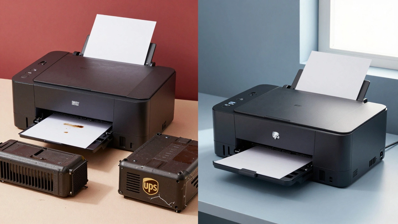 Damaged printer and failed UPS on left, energy-efficient printer on surge protector on right.