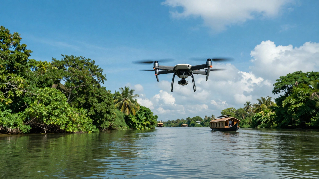 Drone flying over Kerala backwaters with boats below.