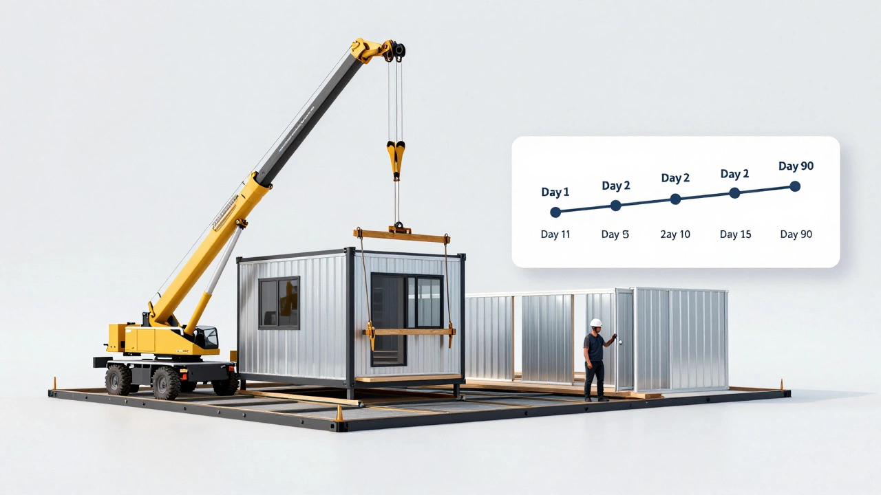 Modular home being assembled with crane lifting prefabricated panels onto a foundation.