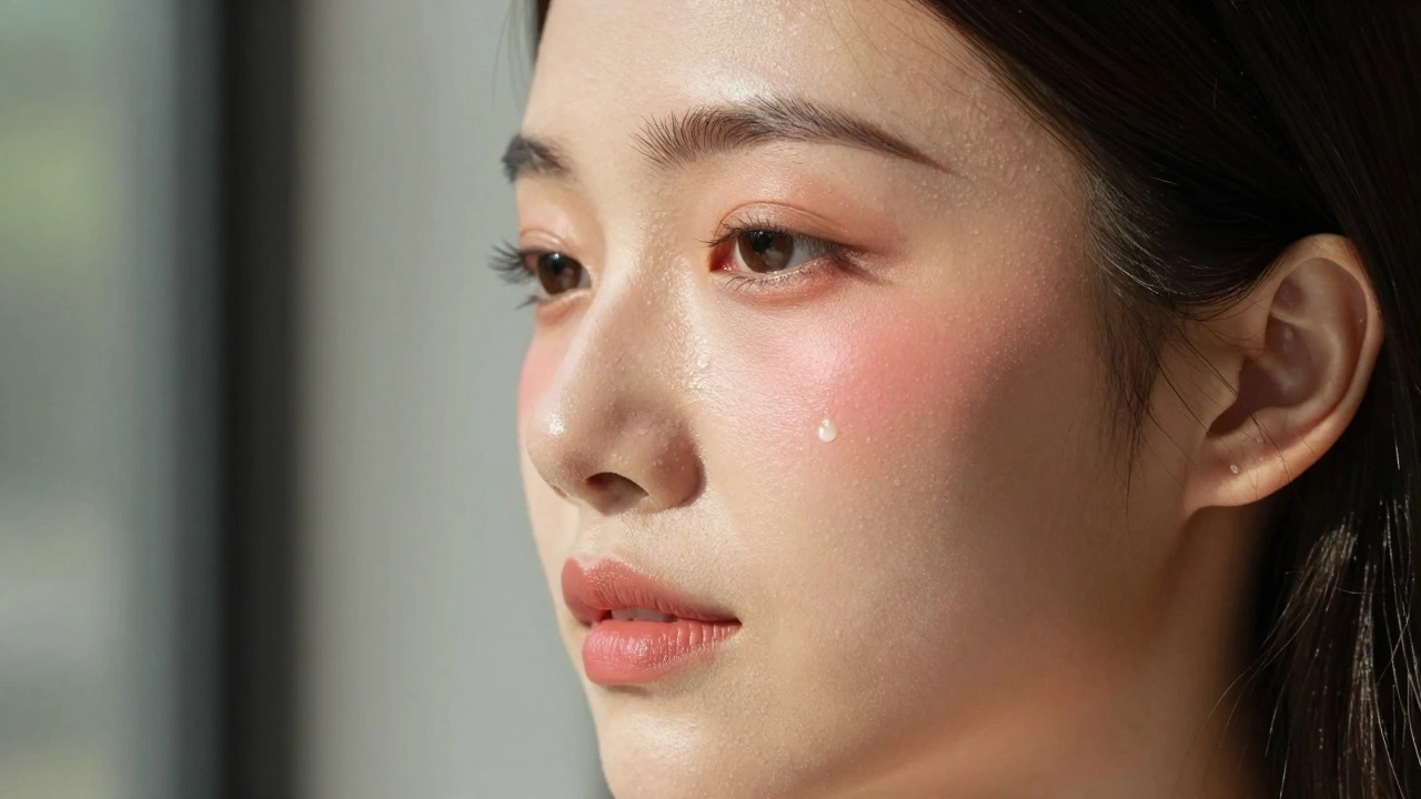 Natural daylight illuminates a woman’s face with perfectly blended cream blush and minimal highlight, radiating authentic, glowing beauty.