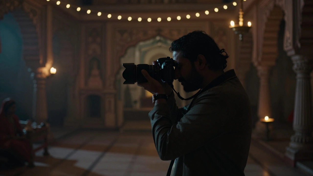 Photographer capturing low light scene in traditional Indian hall.
