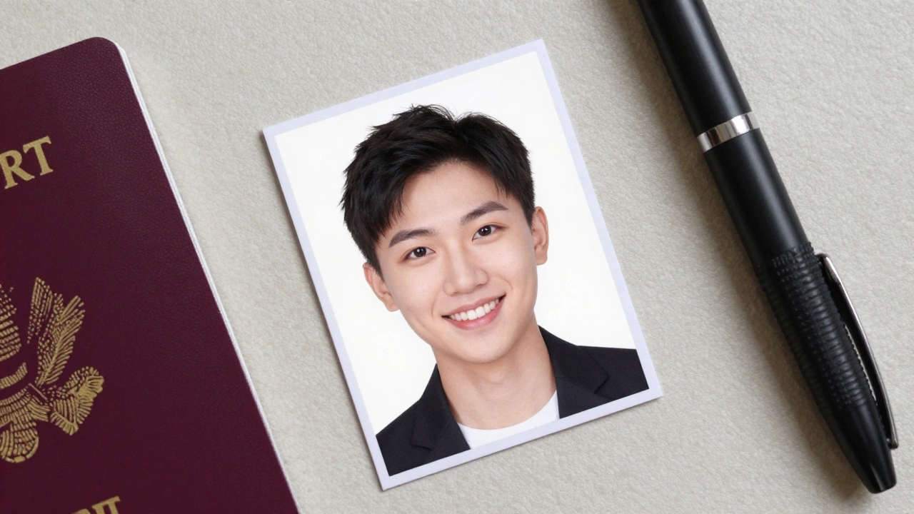 Single printed passport photo with matte finish on a desk surface
