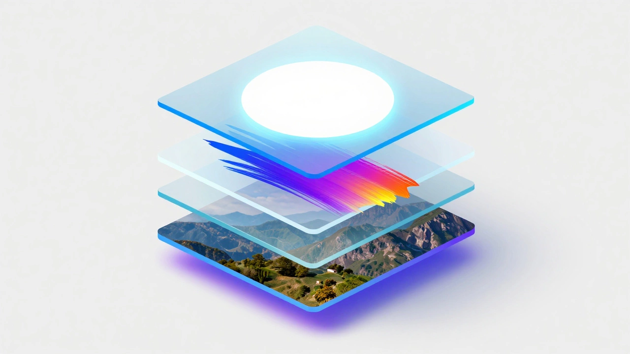 3D isometric representation of transparent digital layers stacked vertically