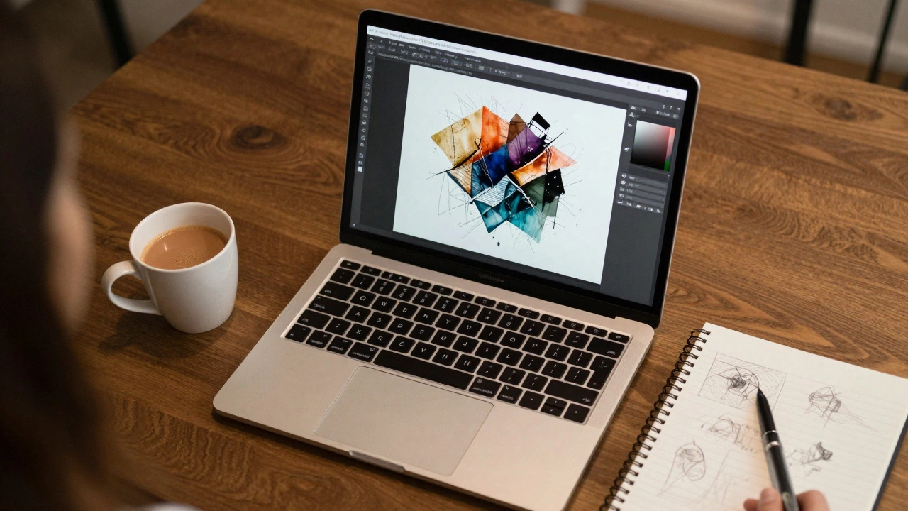 A finished digital artwork on a laptop screen next to a cup of tea and sketches