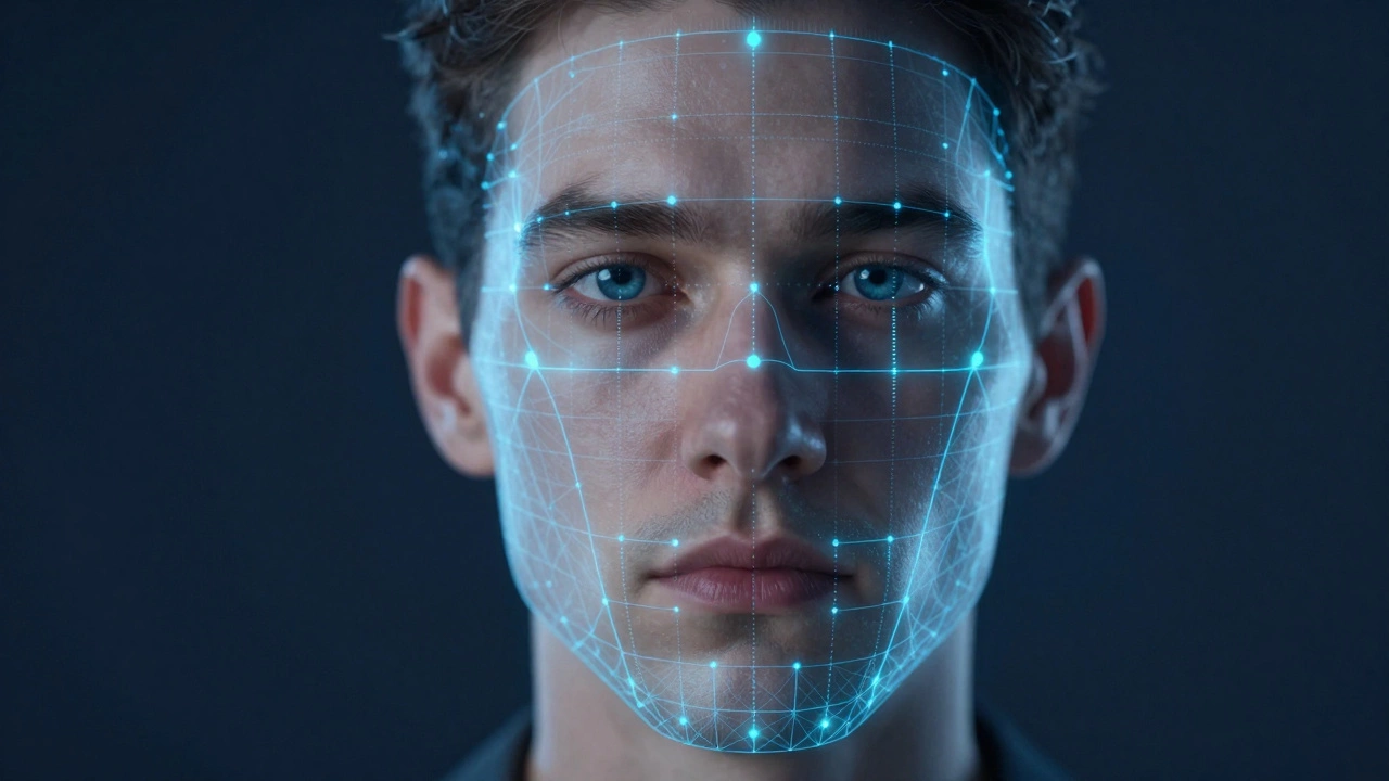 A human face with a blue holographic biometric mesh and facial recognition data points.