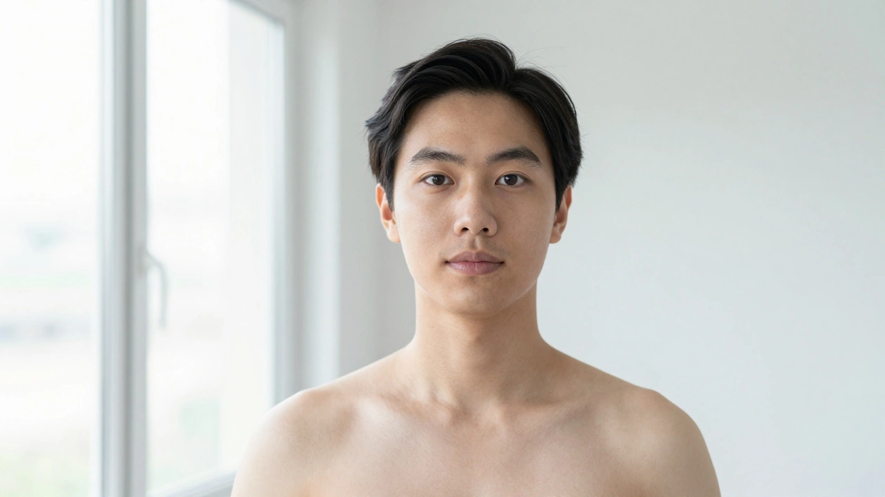 A person posing for a passport photo facing a window for natural, even lighting.