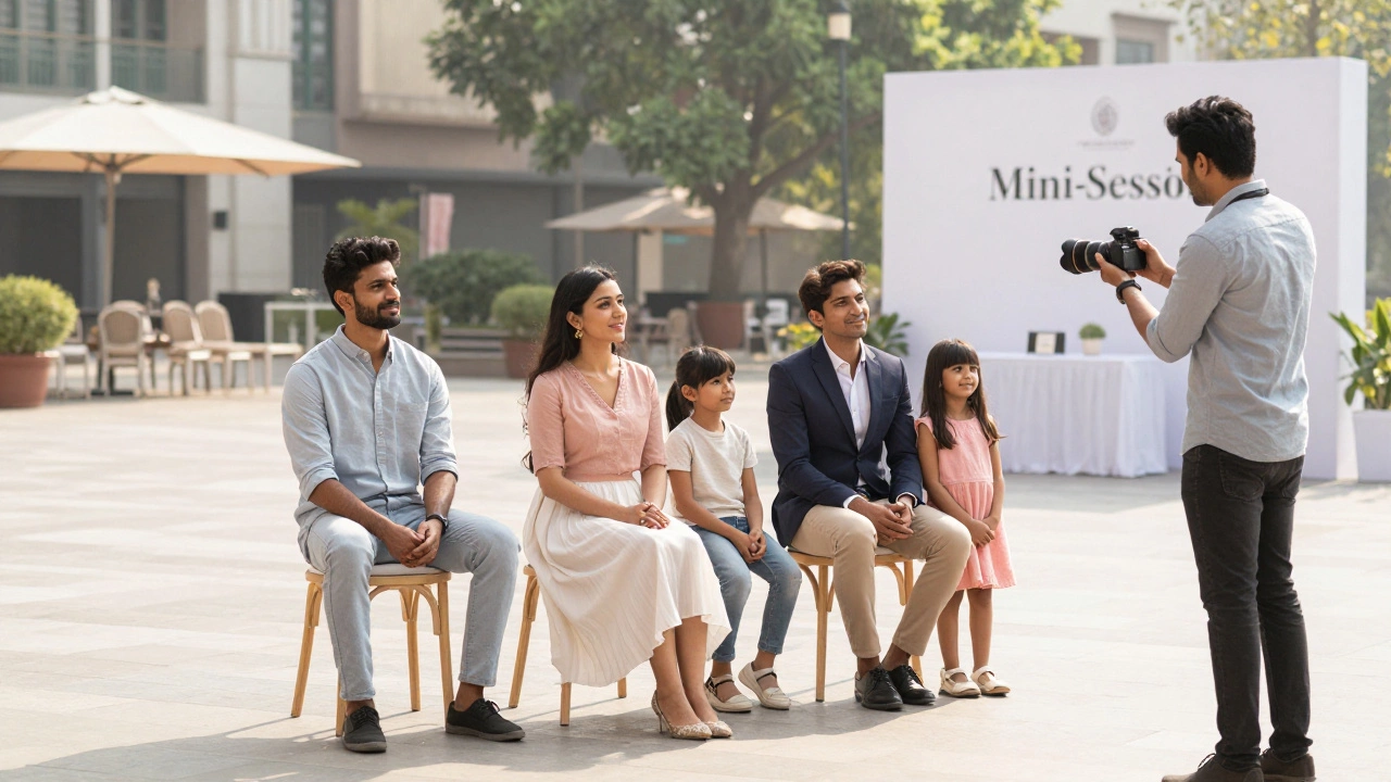A professional photographer managing a series of back-to-back mini-sessions in a sunny Delhi plaza.