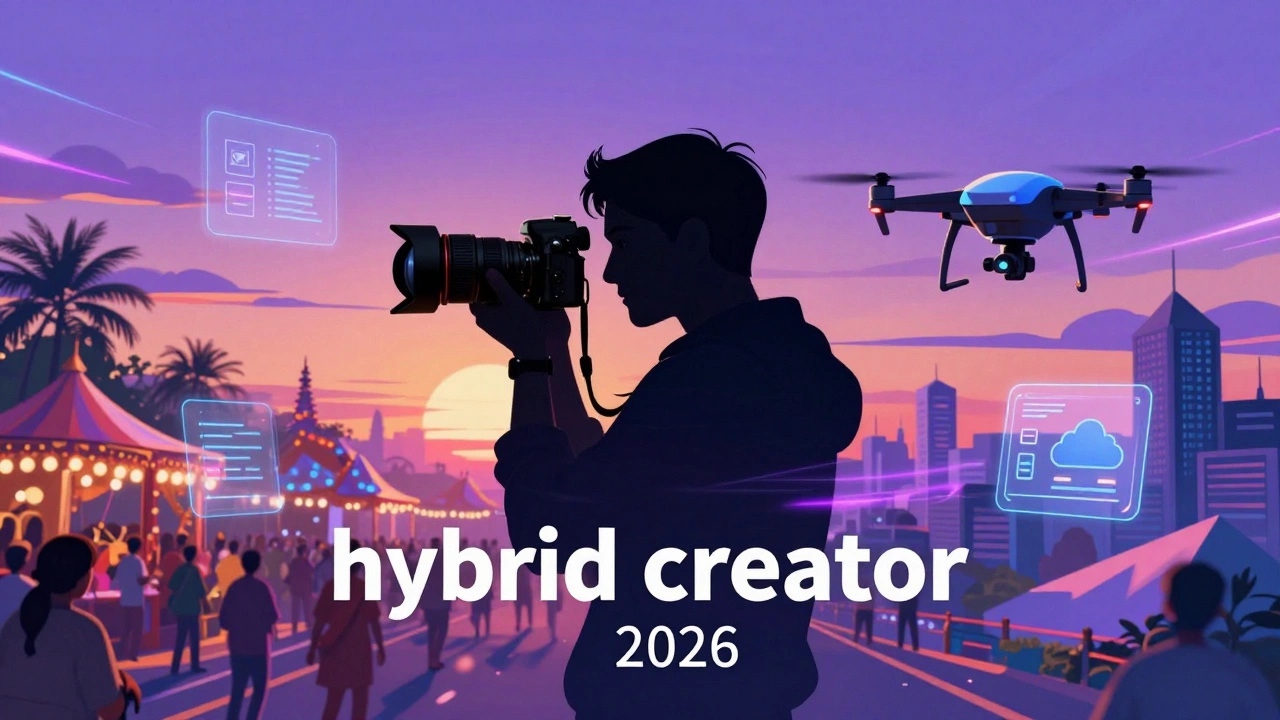 Conceptual art of a photographer using a camera and drone with digital AI elements