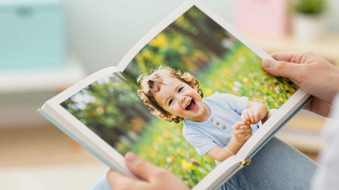 Hands flipping through a portrait photo book featuring a vertical image of a laughing child.
