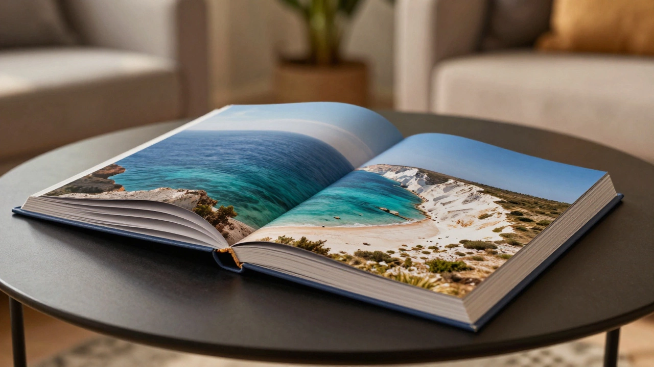 Open landscape photo book showing a panoramic Mediterranean beach view with layflat binding.