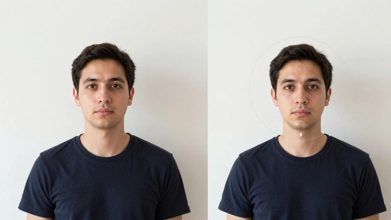 Person against a white wall with a passport photo alignment guide overlay