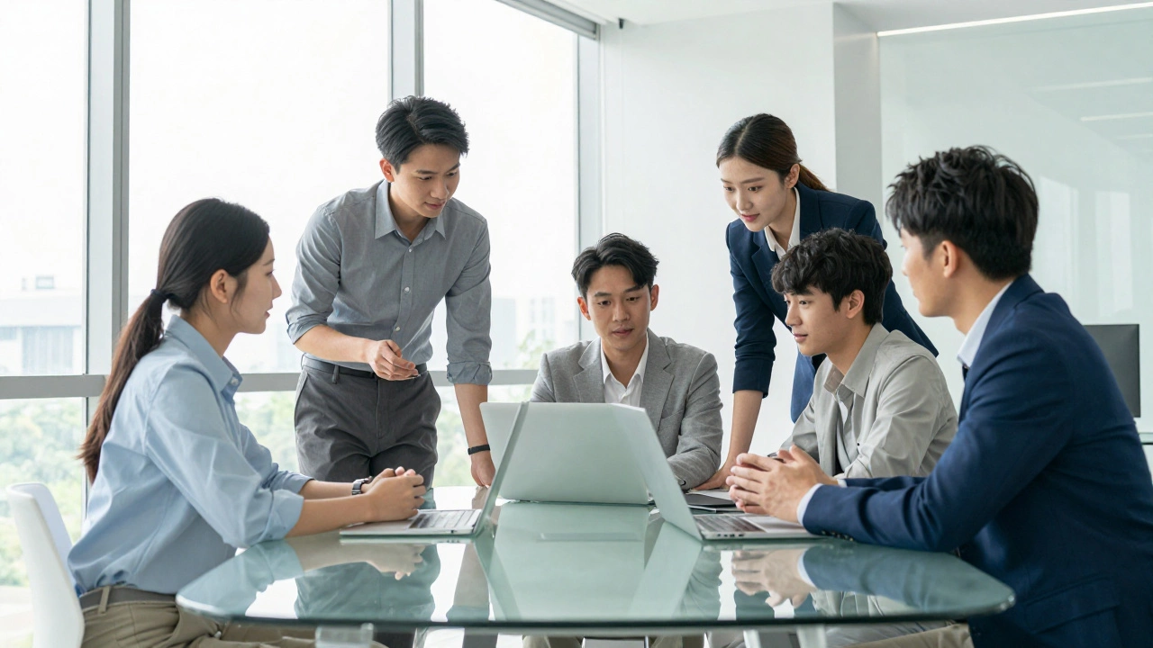 Professional lifestyle shot of tech workers collaborating in a modern Bengaluru office