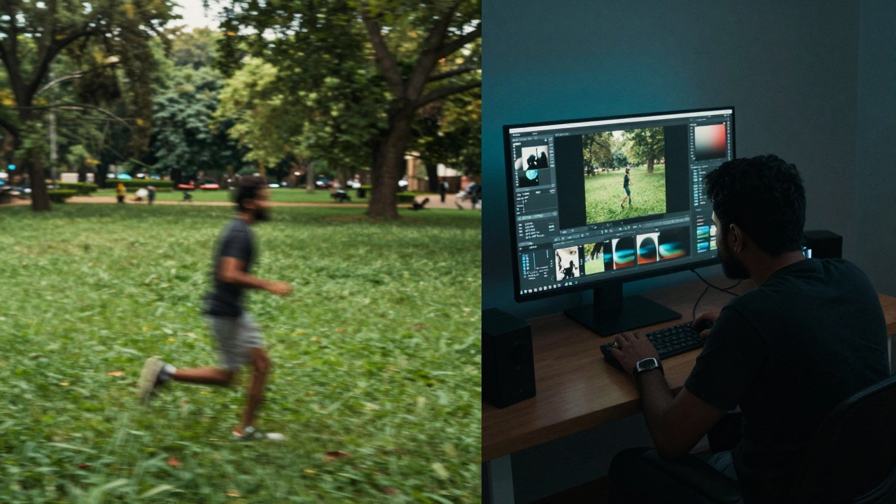 Split screen showing a dynamic outdoor photo shoot and the quiet process of digital photo editing.