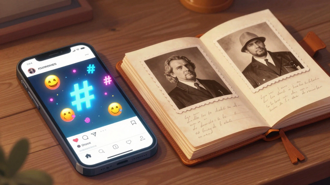Conceptual art comparing social media posts with a physical photo album