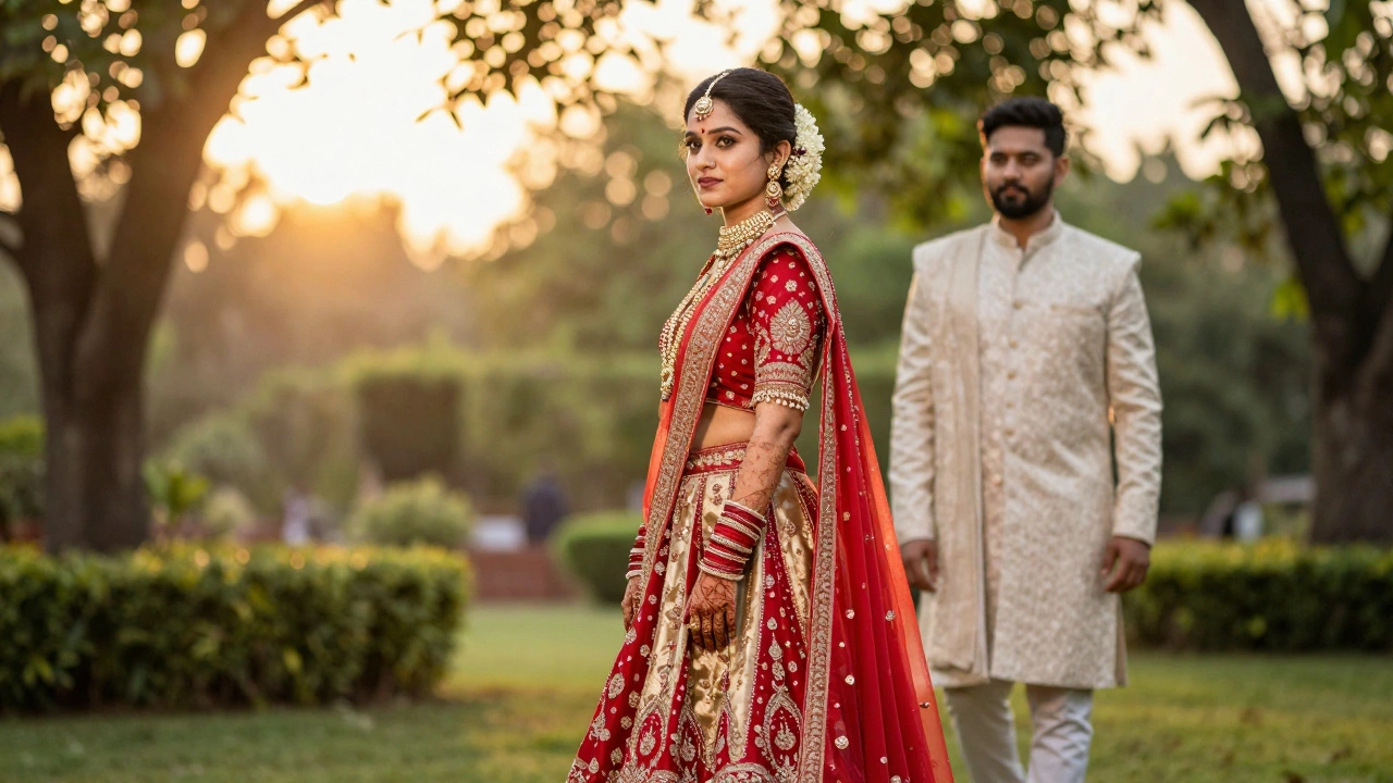 Couple sharing an emotional first look moment outdoors at sunset