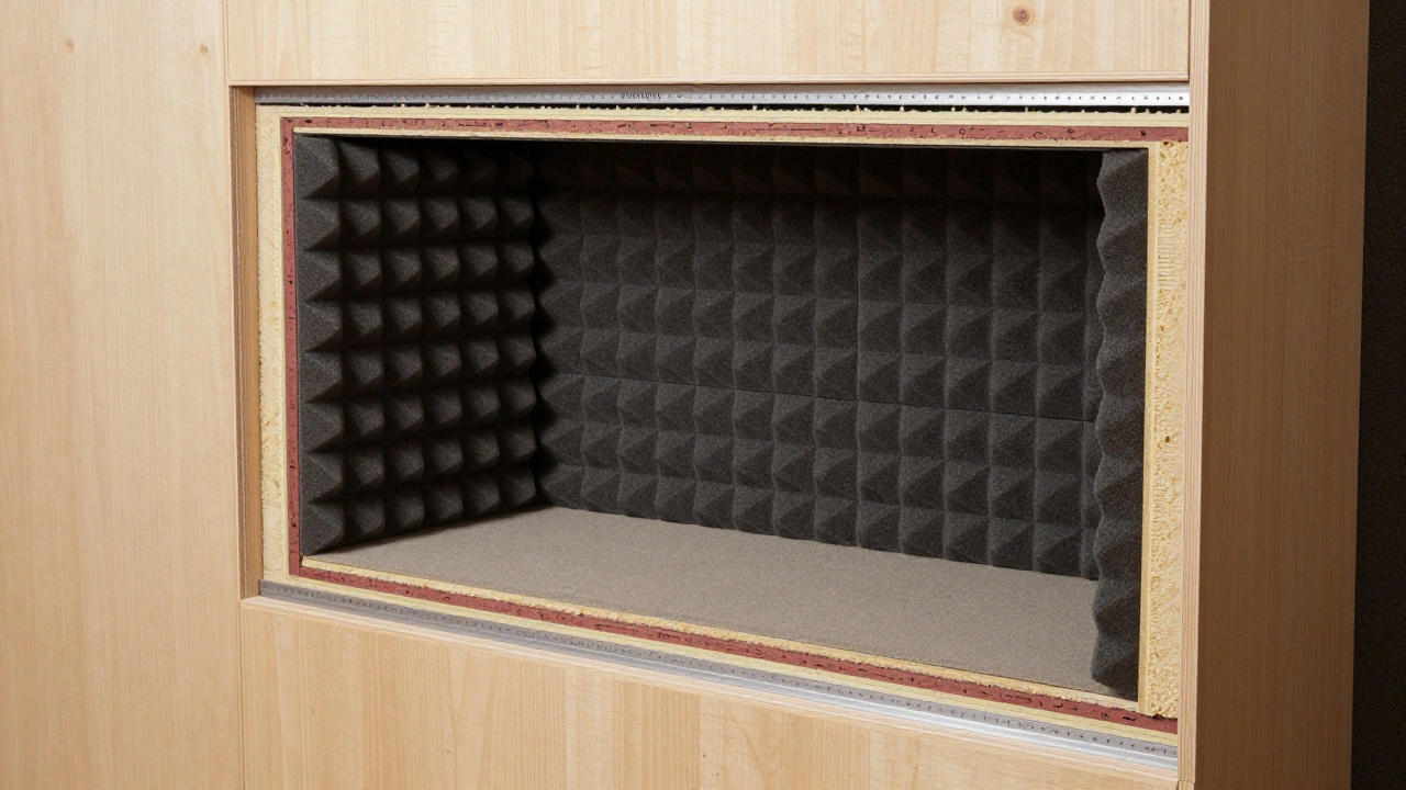 Cross-section diagram showing layered soundproofing and acoustic insulation in a studio wall