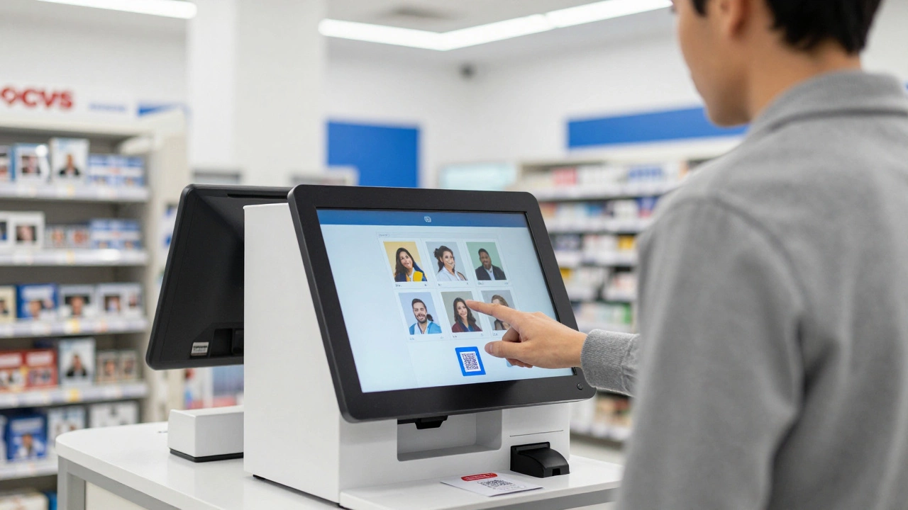 Customer using self-service photo kiosk at CVS store