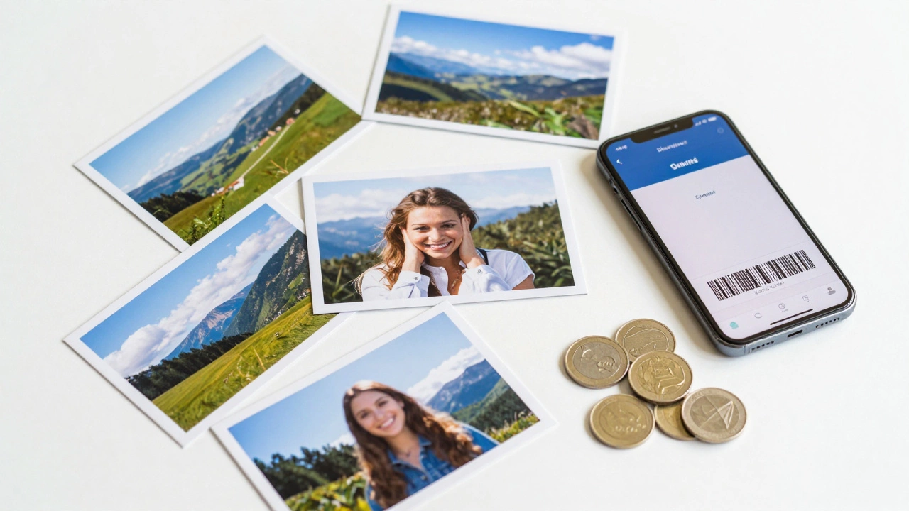 Freshly printed photos next to smartphone and coins