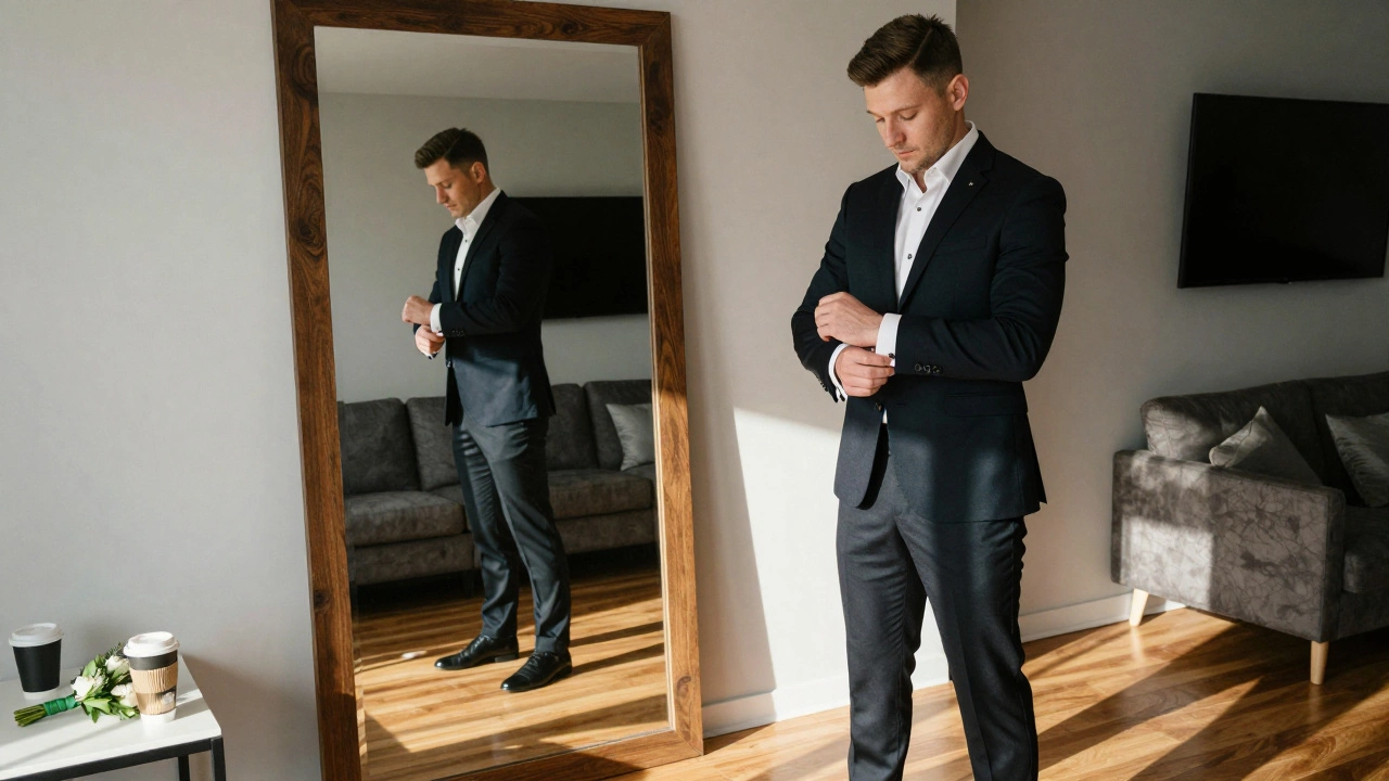 Groom adjusting cufflinks and preparing in a modern apartment