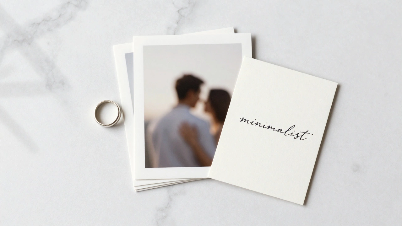 Minimalist flat lay with wedding ring, photo prints, and handwritten note card
