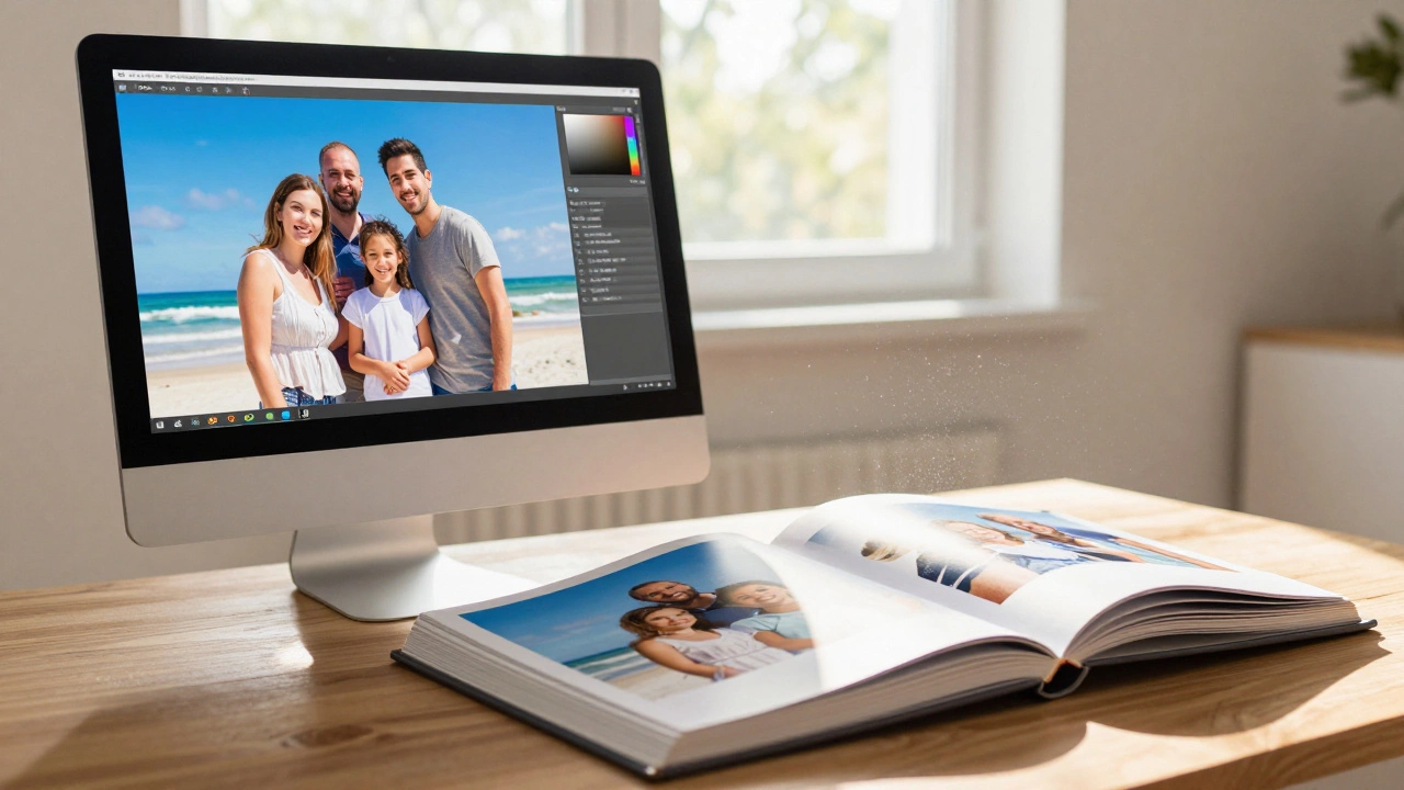 Open photo album next to computer monitor displaying same image