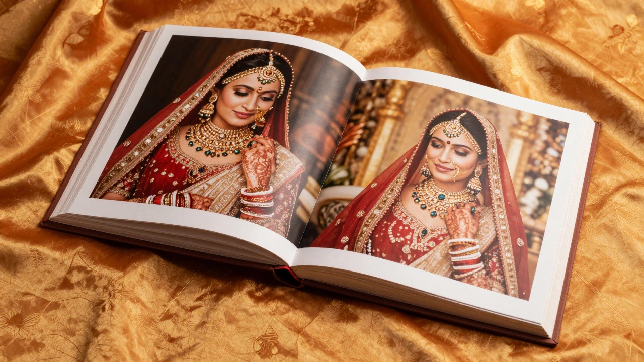 Open wedding album with matte prints showing Indian bridal portraits and jewelry details.