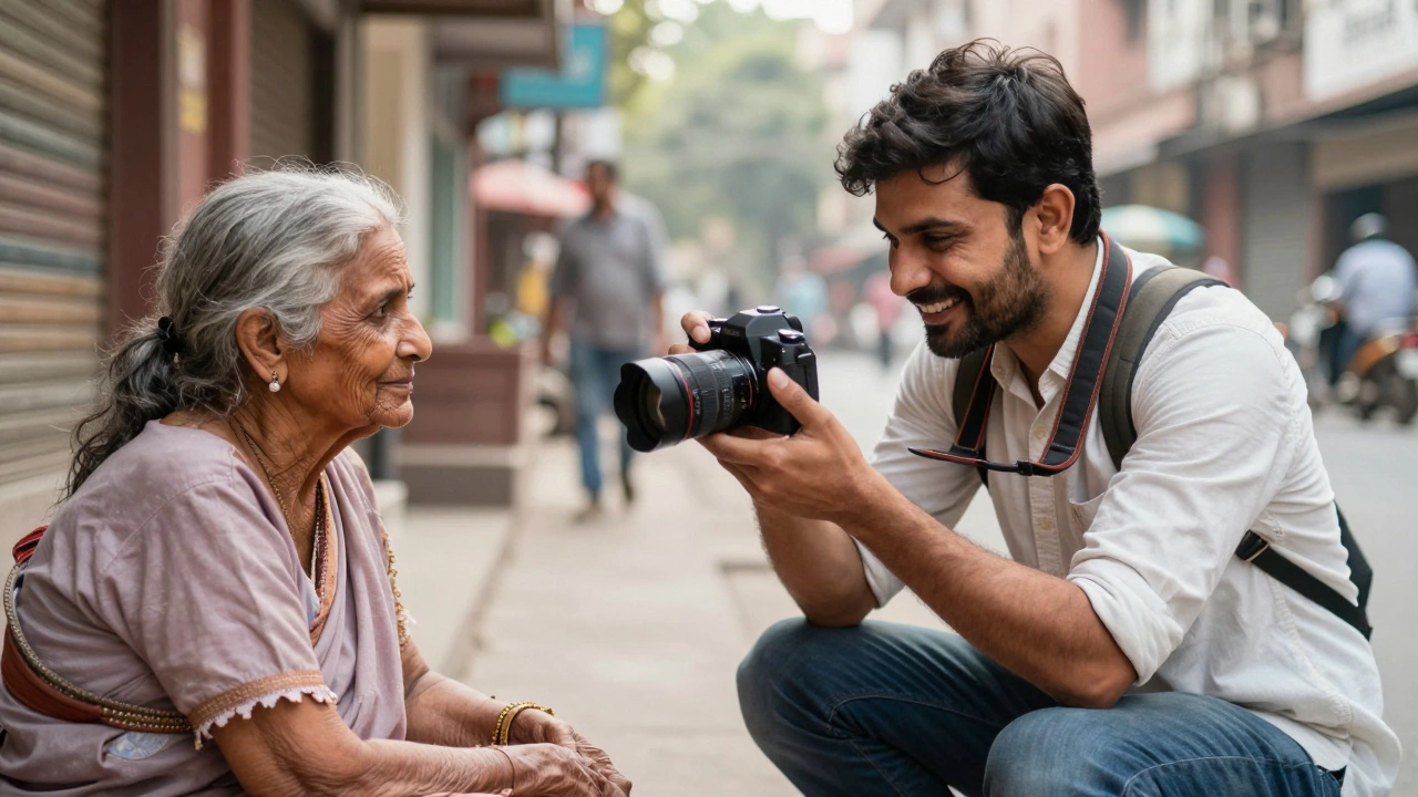Photographer sharing a photo with a subject to build trust and consent