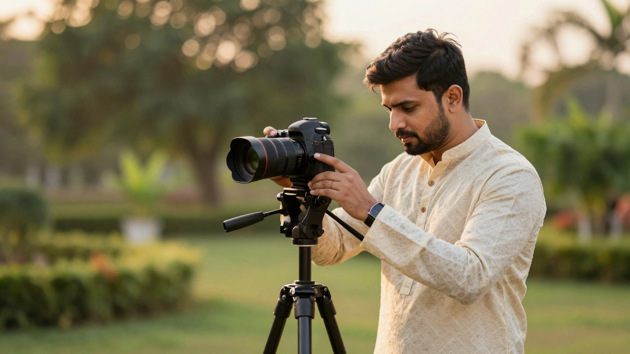 Professional Indian wedding photographer preparing camera
