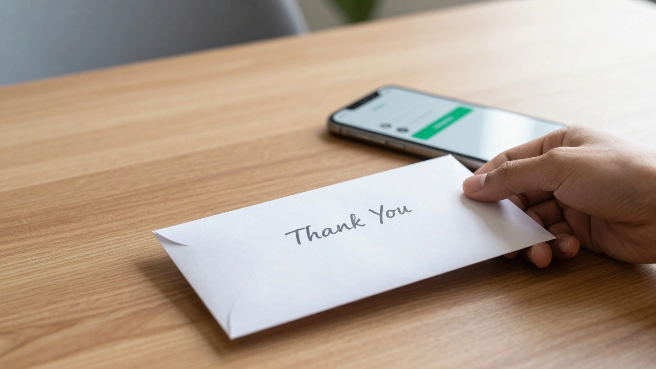 Sealed thank you envelope and smartphone showing digital payment option