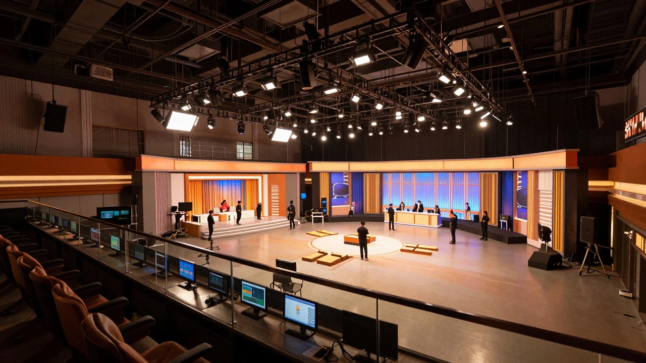Spacious multi-camera TV studio with high ceilings, stage, and separate control room