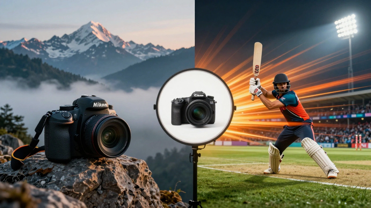 Split image showing Nikon in mountains, Sony at a cricket match, and Canon in studio.