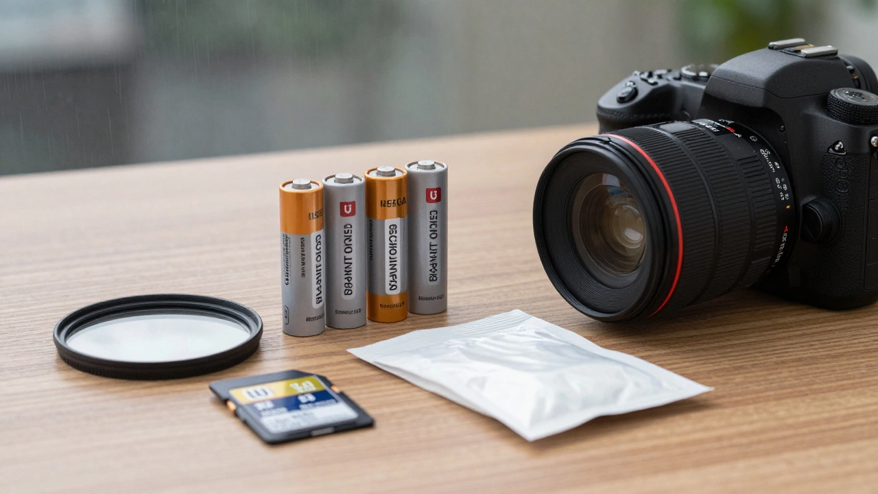Camera accessories like filters and batteries arranged for protection in humid climates