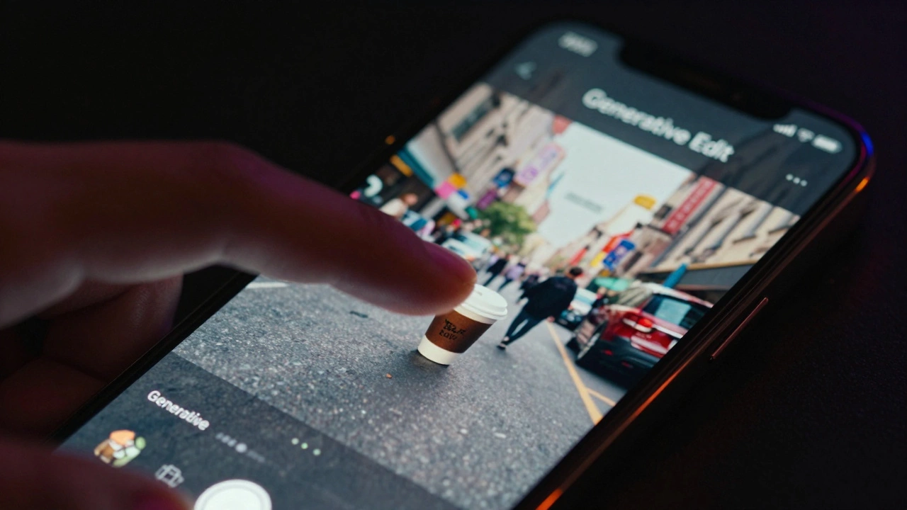 Close-up of iPhone using AI Generative Edit to remove an object from a photo.