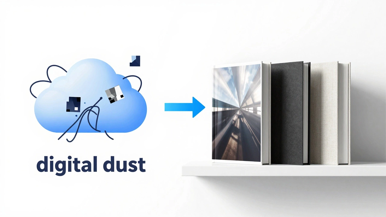 Conceptual graphic showing digital photos transforming into organized printed photo books