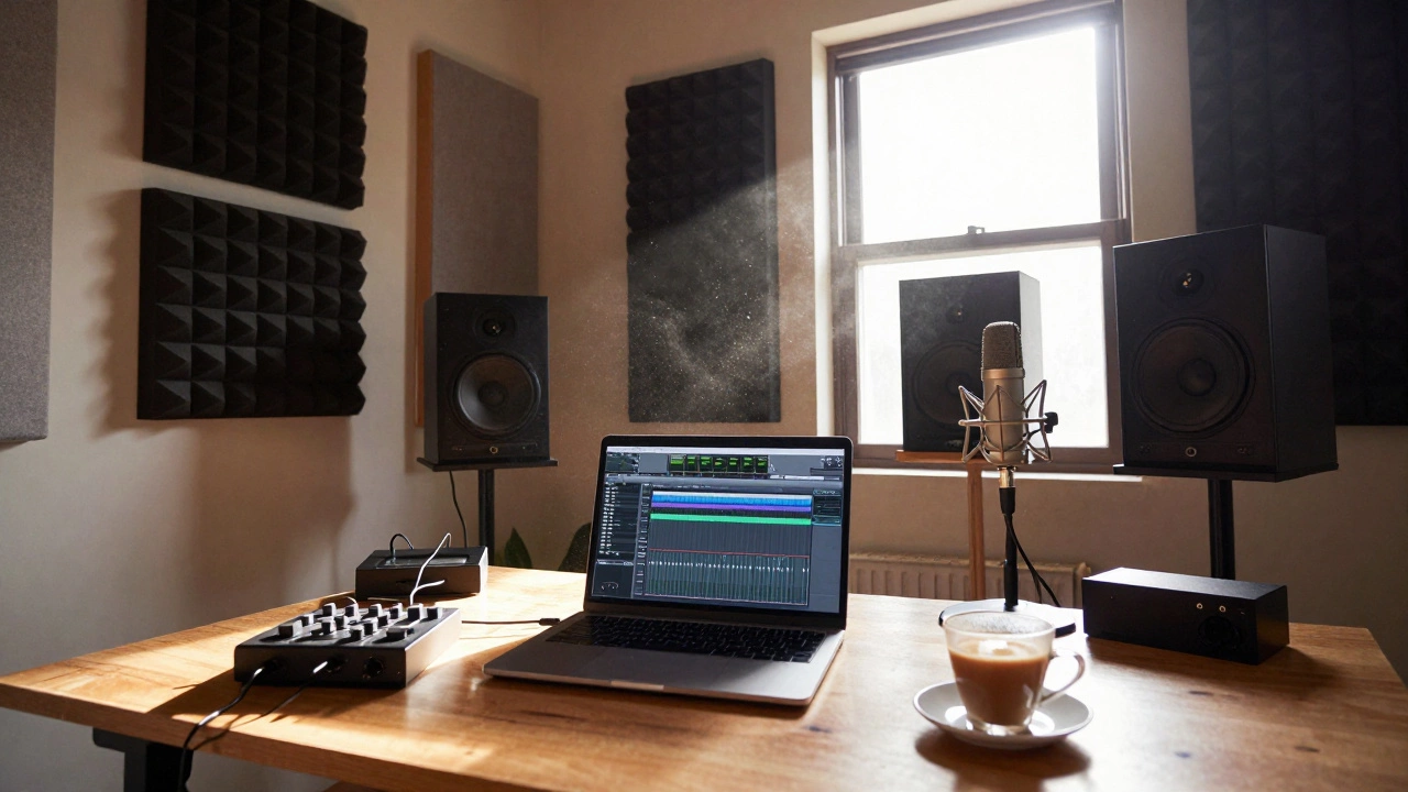 Cozy home recording setup with microphone and laptop in a sunlit room