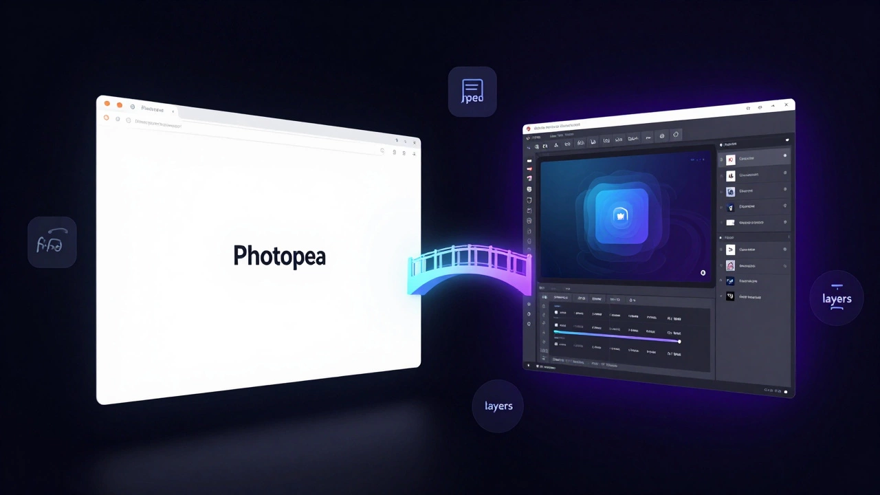 Digital art comparing browser-based and desktop photo editing interfaces