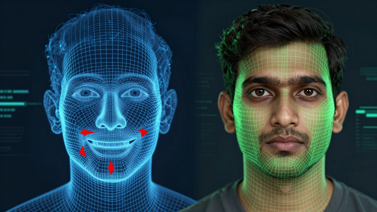 Facial recognition grid analyzing neutral vs smiling face