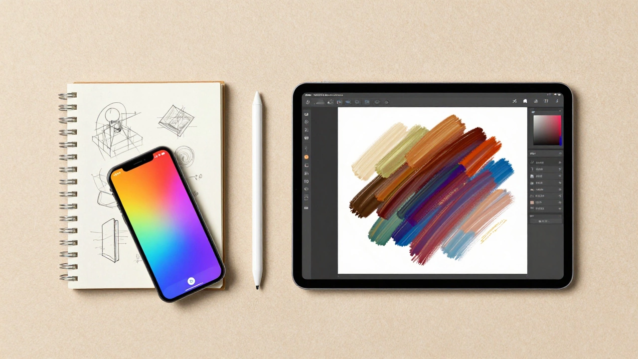 Flat lay of digital art tools including stylus, tablet, and sketchbook