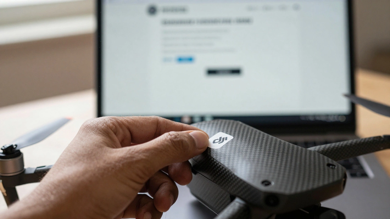 Hand applying UIN registration sticker to a DJI drone body