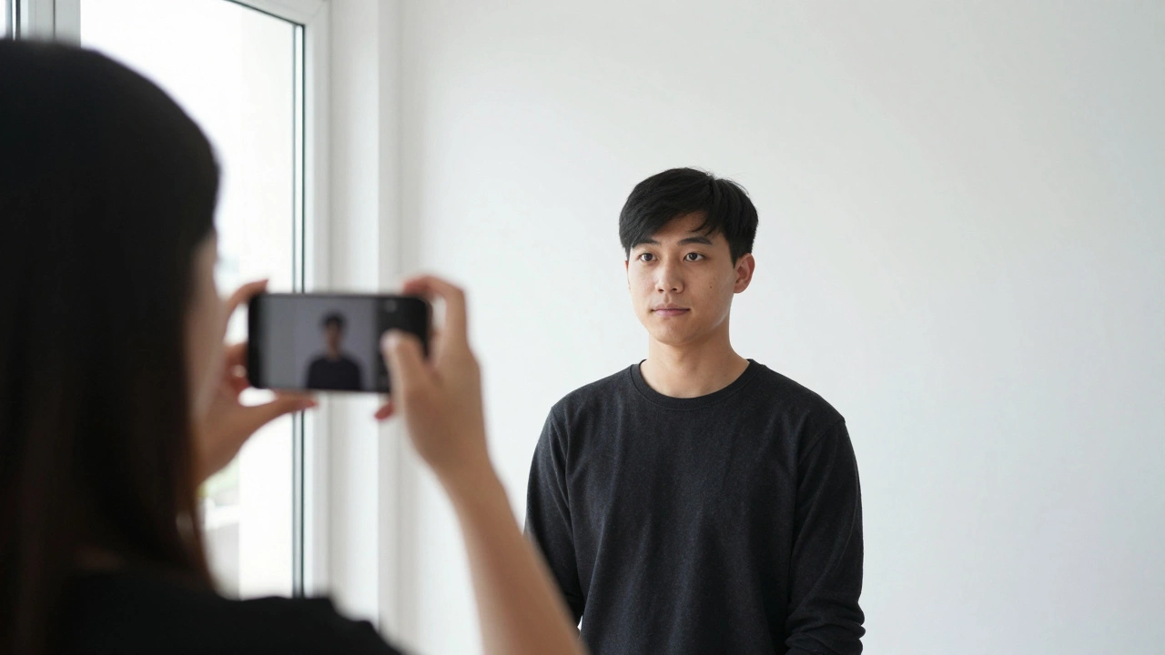 Person taking a passport photo against a white wall