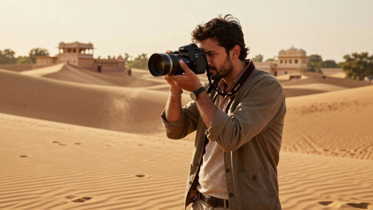 Professional photographer using a DSLR during a wedding shoot in Rajasthan desert