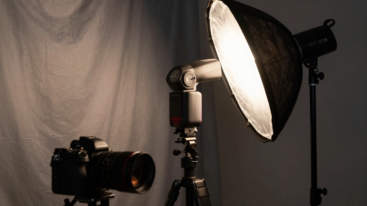 Speedlight with beauty dish and reflector setup on a tabletop tripod