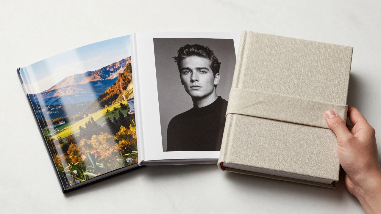 Three photo books with glossy, matte, and linen covers displayed on a white surface