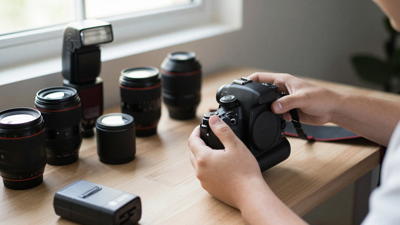 Beginner photographer organizing camera equipment on table