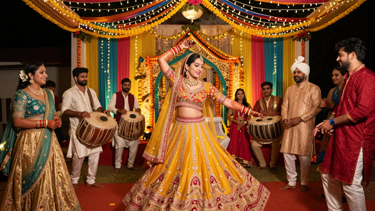 Bride dancing at a vibrant Indian Sangeet celebration with friends.