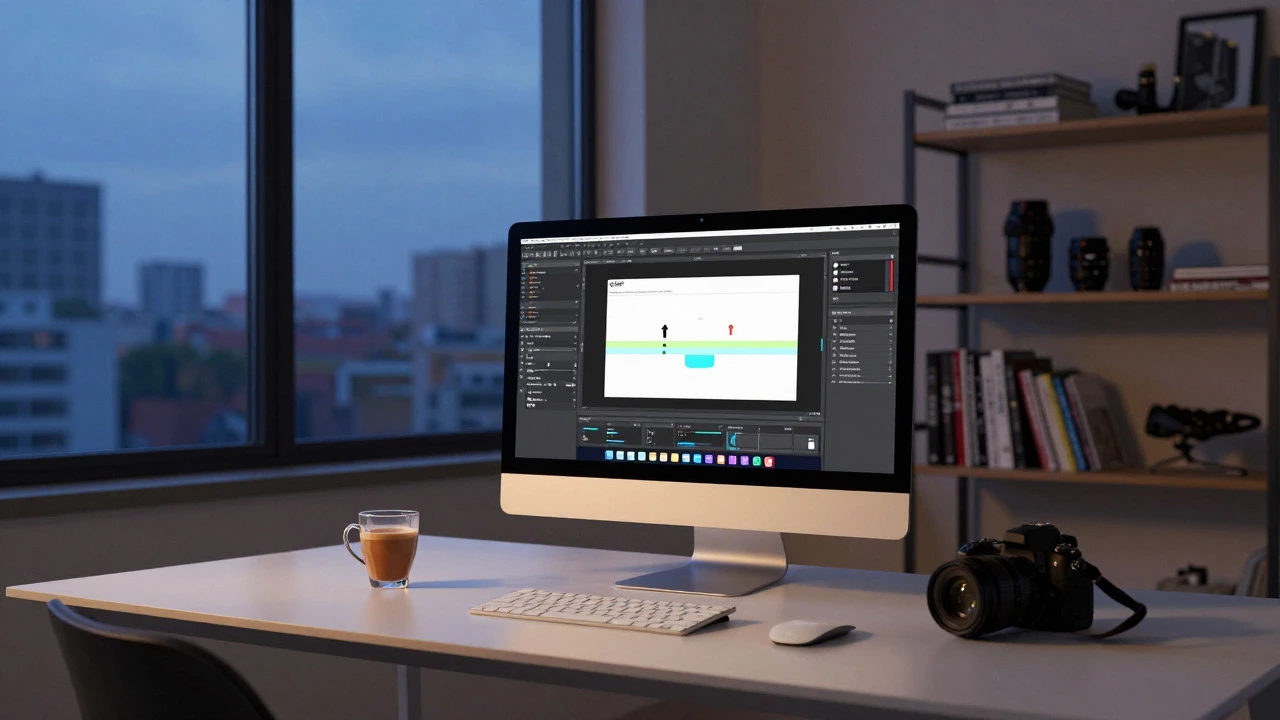 Desktop computer running GIMP software in a photographer's workspace