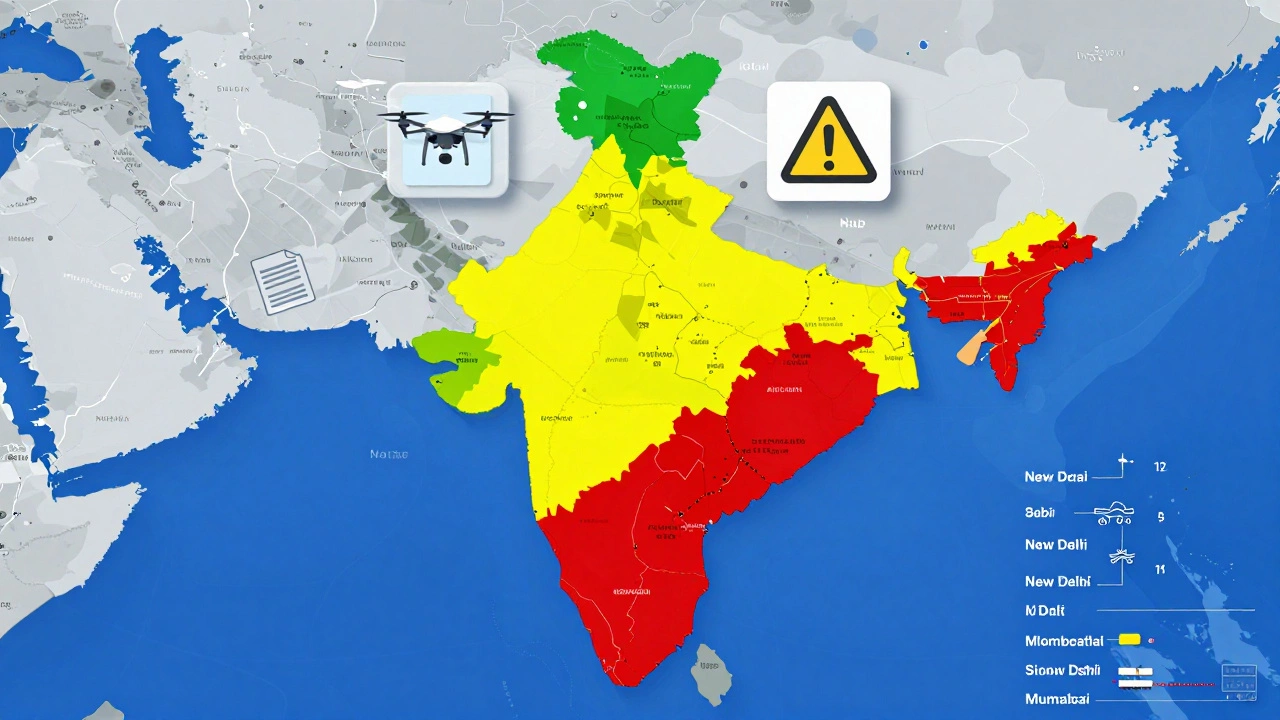 Map of India showing green, yellow, and red drone zones