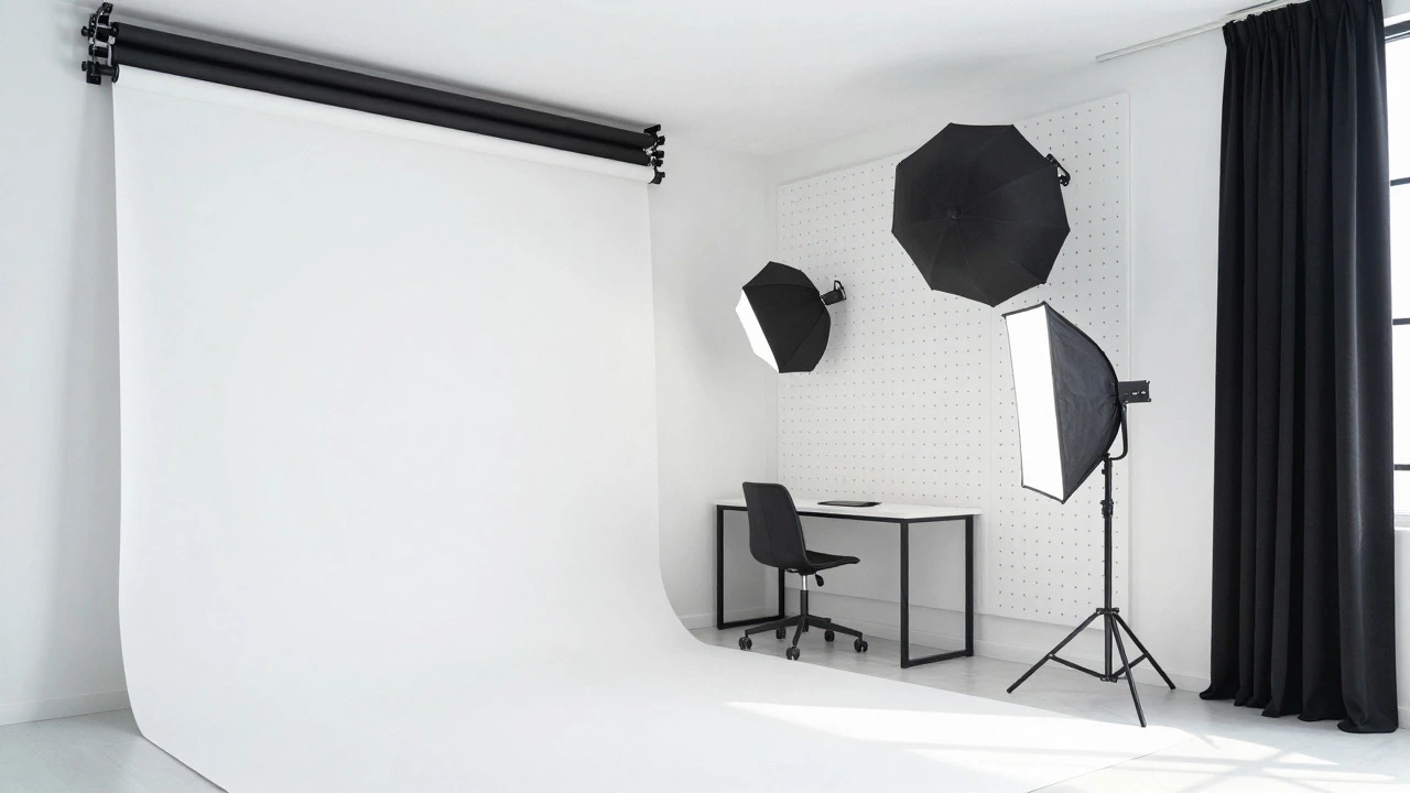 Organized minimalist photography studio with corner backdrop and wall storage