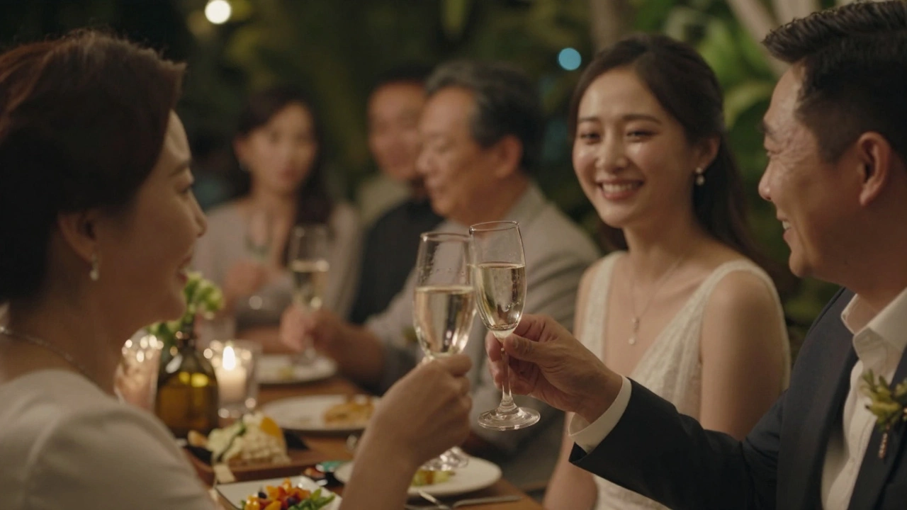 Parents giving a heartfelt toast to the couple at a pre-wedding dinner.