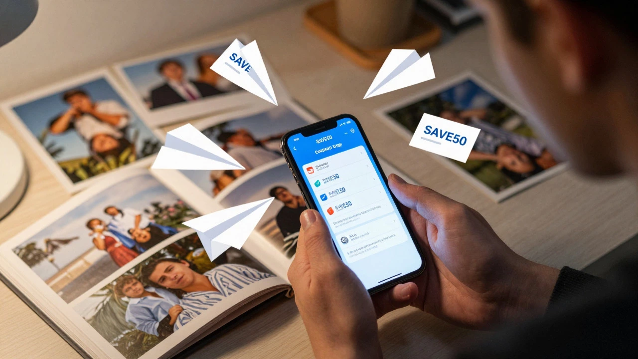 Person overwhelmed by email coupons and photo printing choices